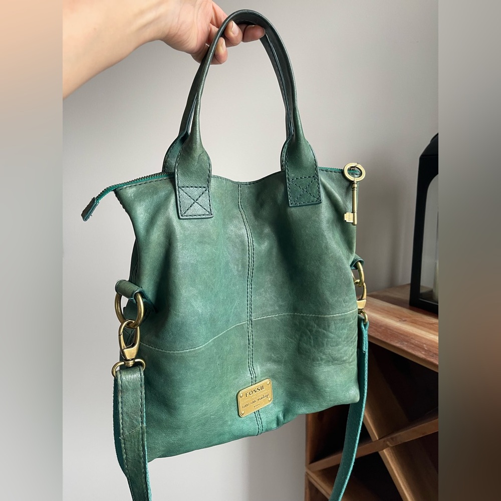 Fossil Teal Genuine Leather Tote Bag with Gold Accents